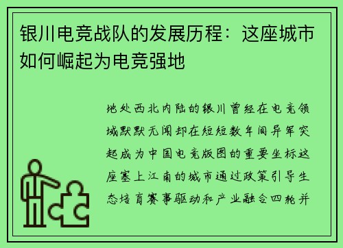 银川电竞战队的发展历程：这座城市如何崛起为电竞强地