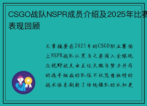 CSGO战队NSPR成员介绍及2025年比赛表现回顾