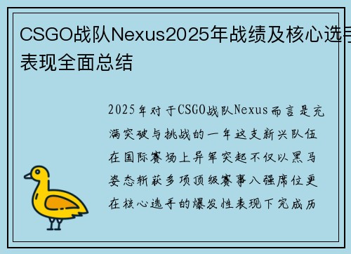 CSGO战队Nexus2025年战绩及核心选手表现全面总结